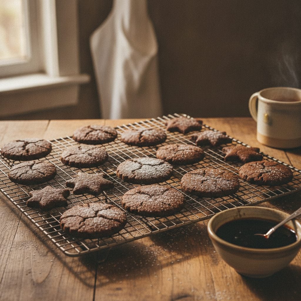Tray of freshly baked dark gingerbread cookies cooling on a wire rack beside a small dish of blackstrap molasses.