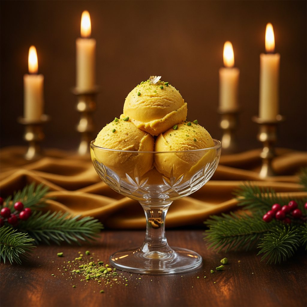 Scoops of golden gelato ice cream in a glass bowl