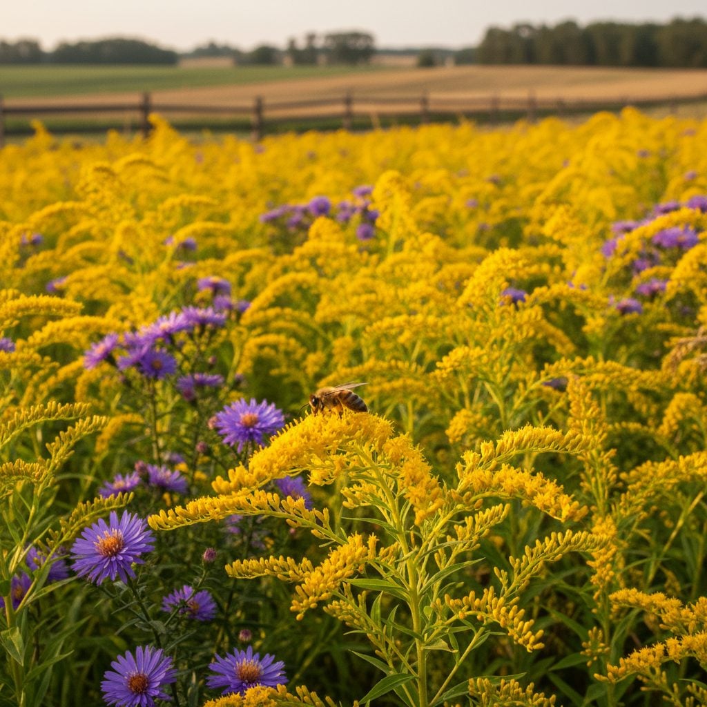 A late-summer field of bright yellow goldenrod and purple aster with a honey bee on one sprig in sharp focus against soft golden afternoon light