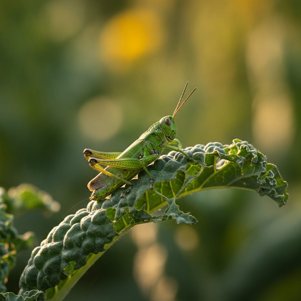Bright green grasshopper resting on a damaged kale leaf with ragged chewed holes in a sunny summer garden in warm afternoon light.