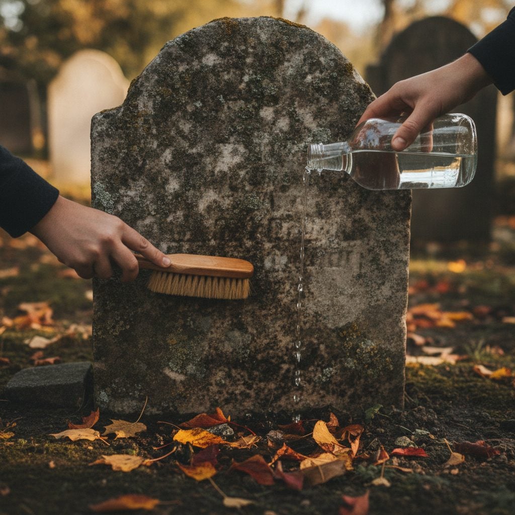 Hands gently cleaning a weathered historic marble gravestone with a soft natural bristle brush and distilled water in a quiet autumn cemetery.