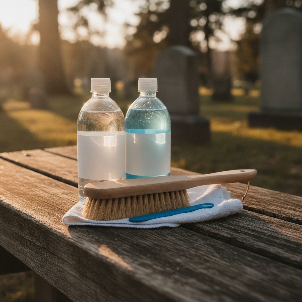 Gravestone cleaning supplies on a wooden cemetery bench: distilled water, soft brush, plastic scraper, biological solution bottle, and soft cloth.