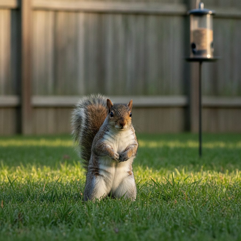 A gray squirrel standing on the grass in a sunny backyard near a bird feeder, one of the most common gray squirrels around homes