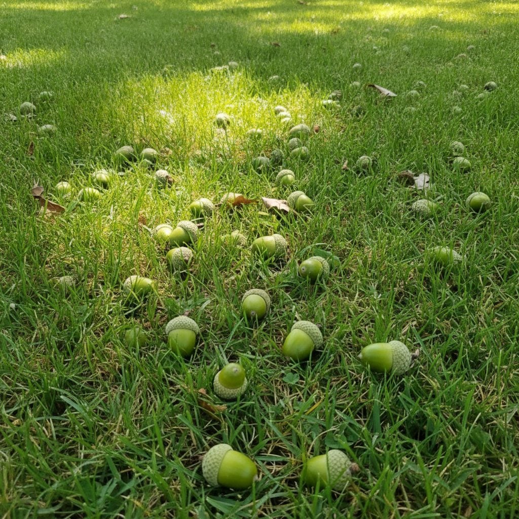 Small green acorns fallen early on summer grass beneath an oak tree, a sign of a stressed tree dropping green acorns