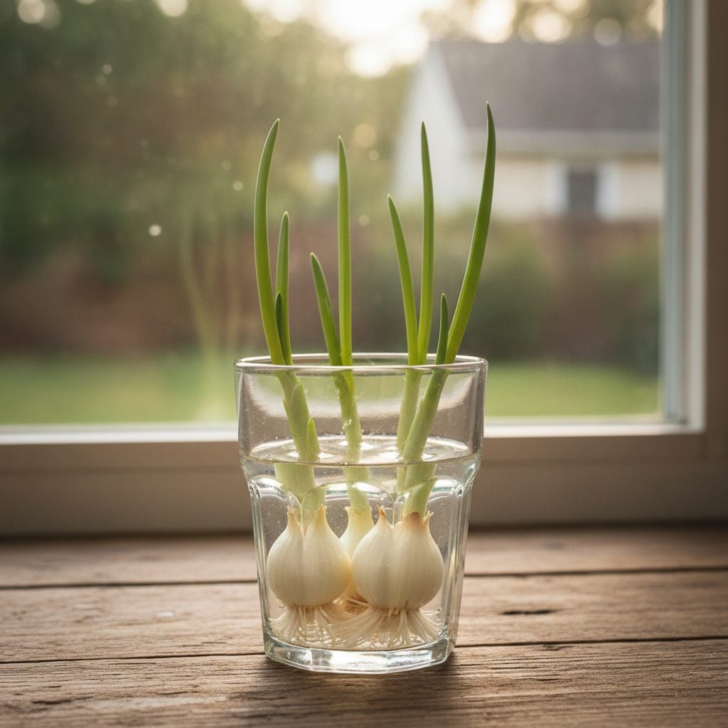 Glass cup of regrowing green onion bulbs with new bright green shoots about four inches tall on a wooden kitchen counter.