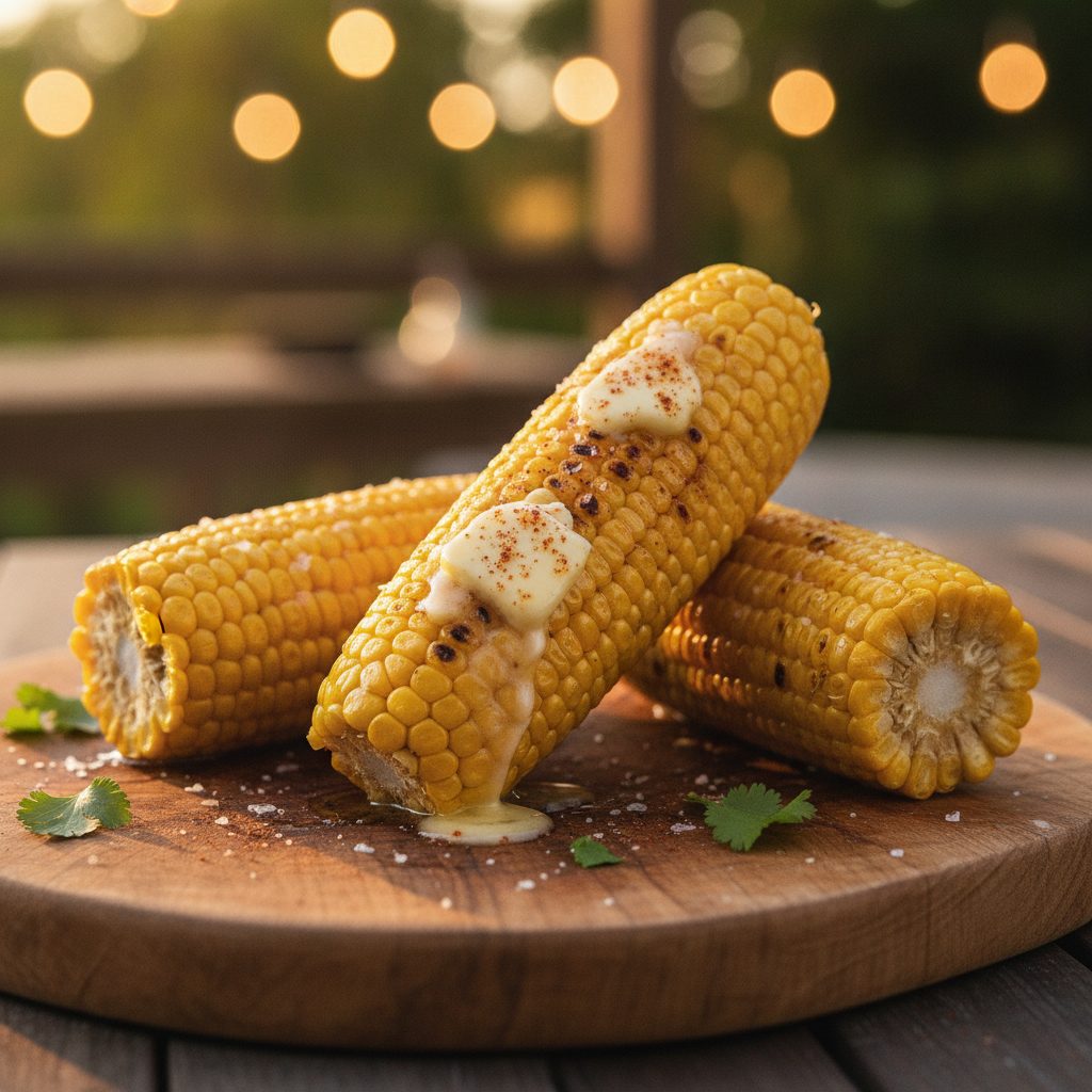 Grilled corn on the cob with melted butter on a wooden serving board in warm summer evening light.