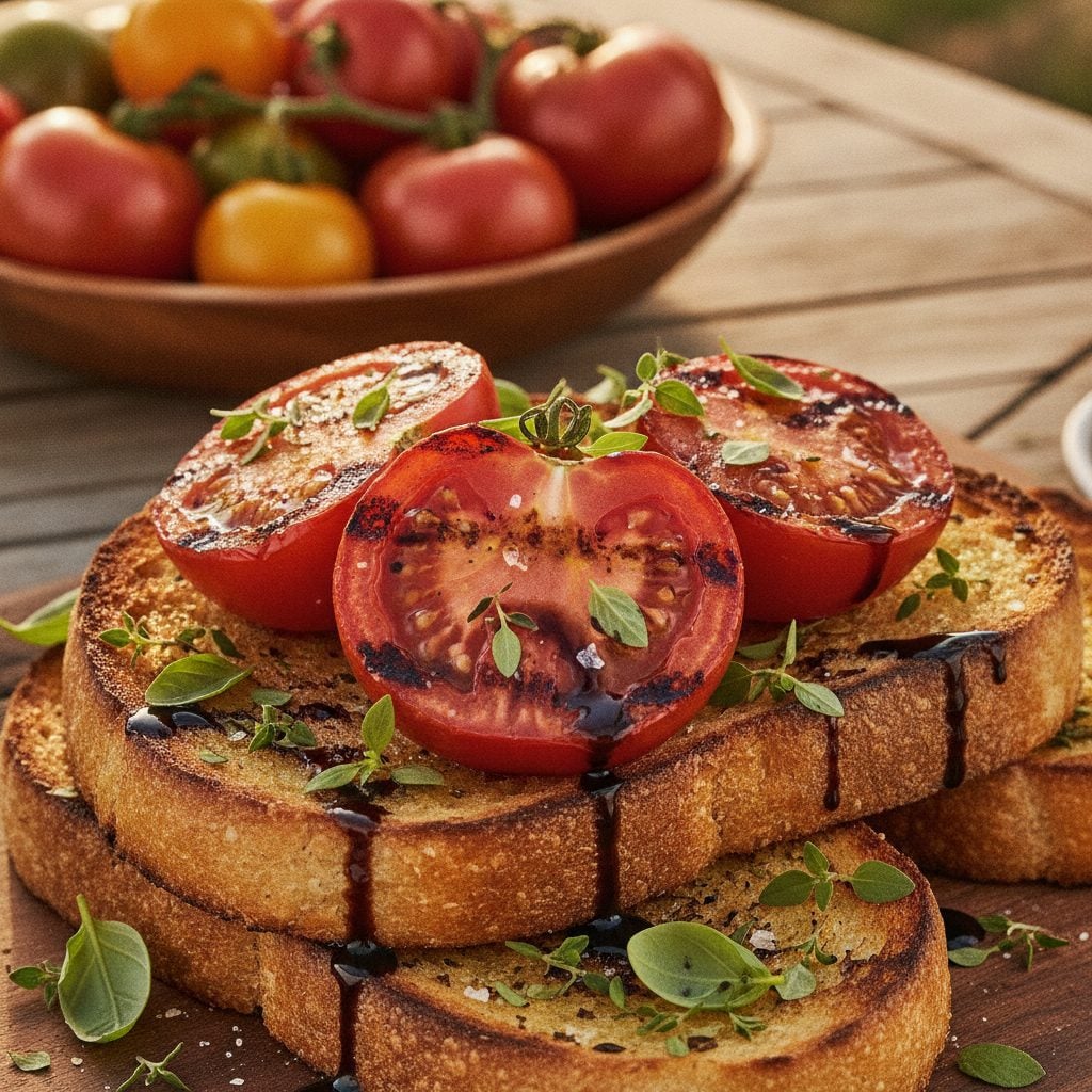 Grilled tomatoes with herbs on garlic toast