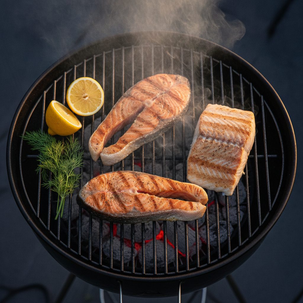 Salmon and halibut fillets cooking on a hot grill with char marks, lemons and dill on the side