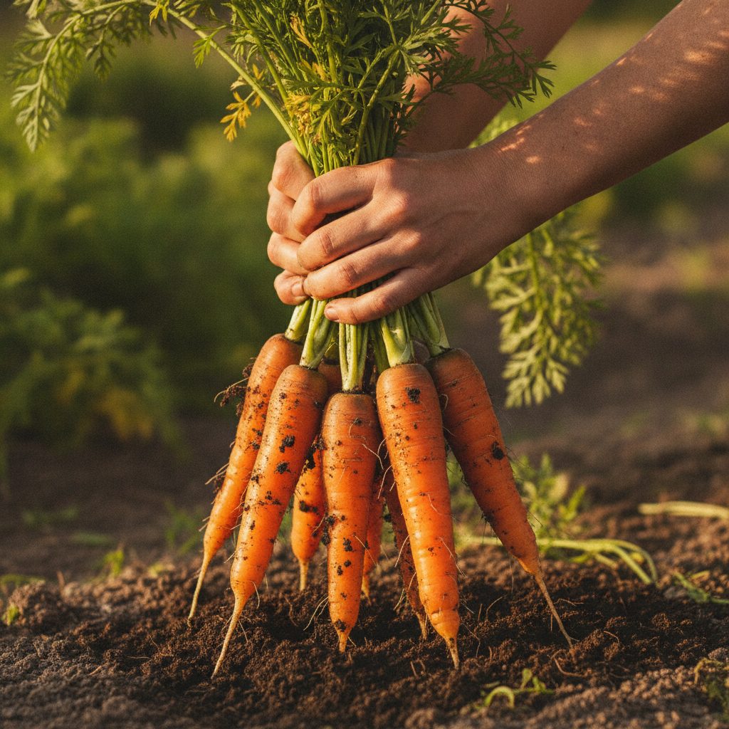Hands pulling a bunch of bright orange carrots from dark loose garden soil, a simple way to grow carrots at home