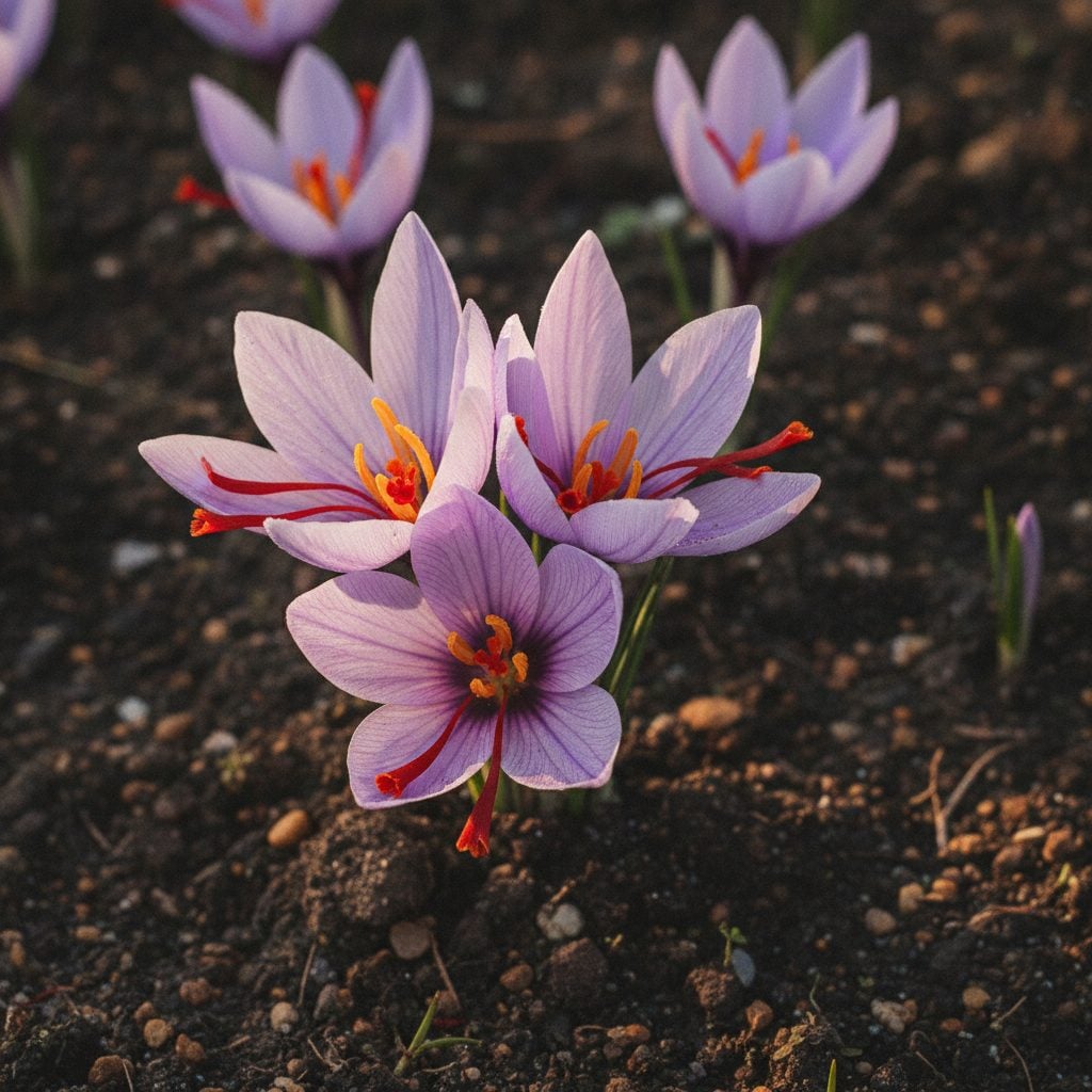Purple Crocus sativus saffron flowers with bright red stigmas in a garden, the plant you grow to harvest saffron