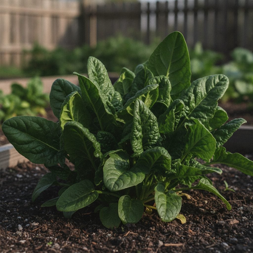 Rows of healthy dark green spinach plants growing in a raised garden bed of rich soil, the cool-season way to grow spinach