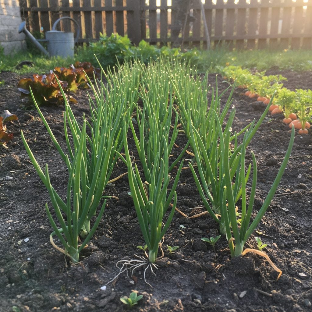 Row of healthy growing onion plants with green tops emerging from a sunny vegetable garden bed in mid-spring in warm morning light.