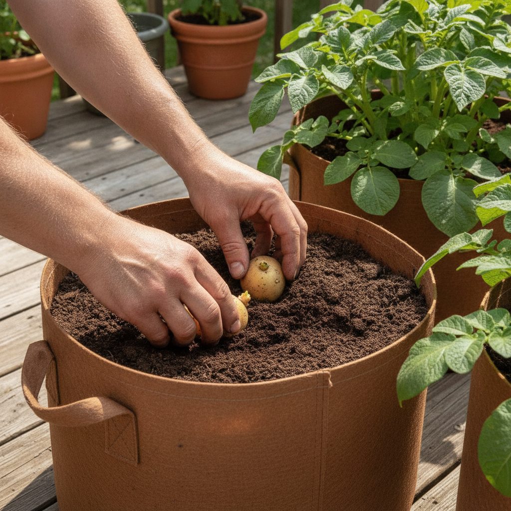 Hands planting sprouted seed potatoes eyes-up in a grow bag of dark soil, a simple way to start growing potatoes