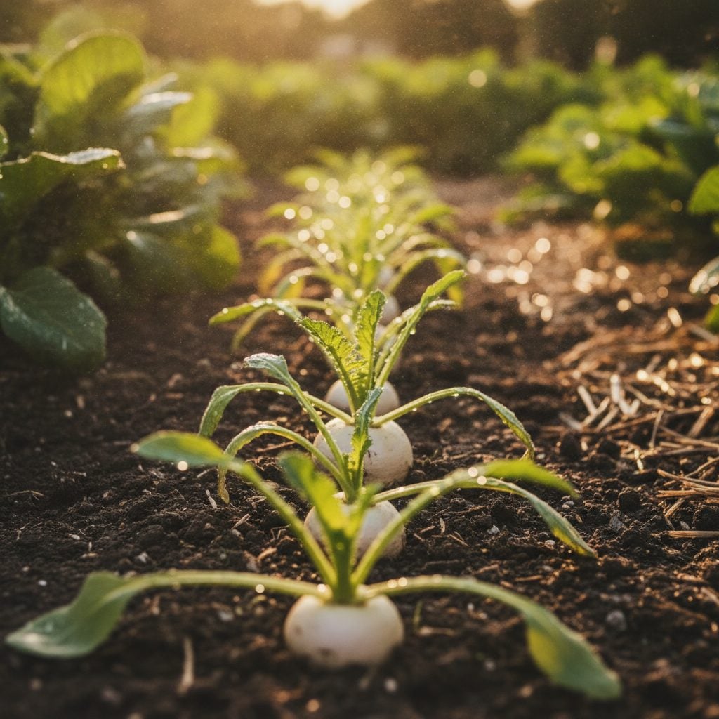 Row of small white Hakurei salad turnips growing in a sunny vegetable garden bed in soft afternoon light.