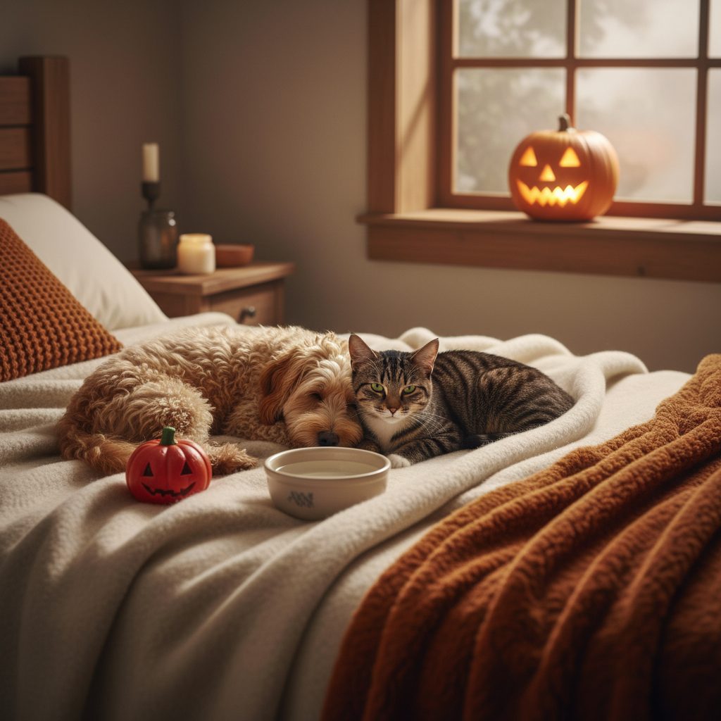 Halloween pet safety: a small dog and tabby cat resting calmly on a blanket in a back-of-house quiet bedroom with a glowing pumpkin on a distant windowsill