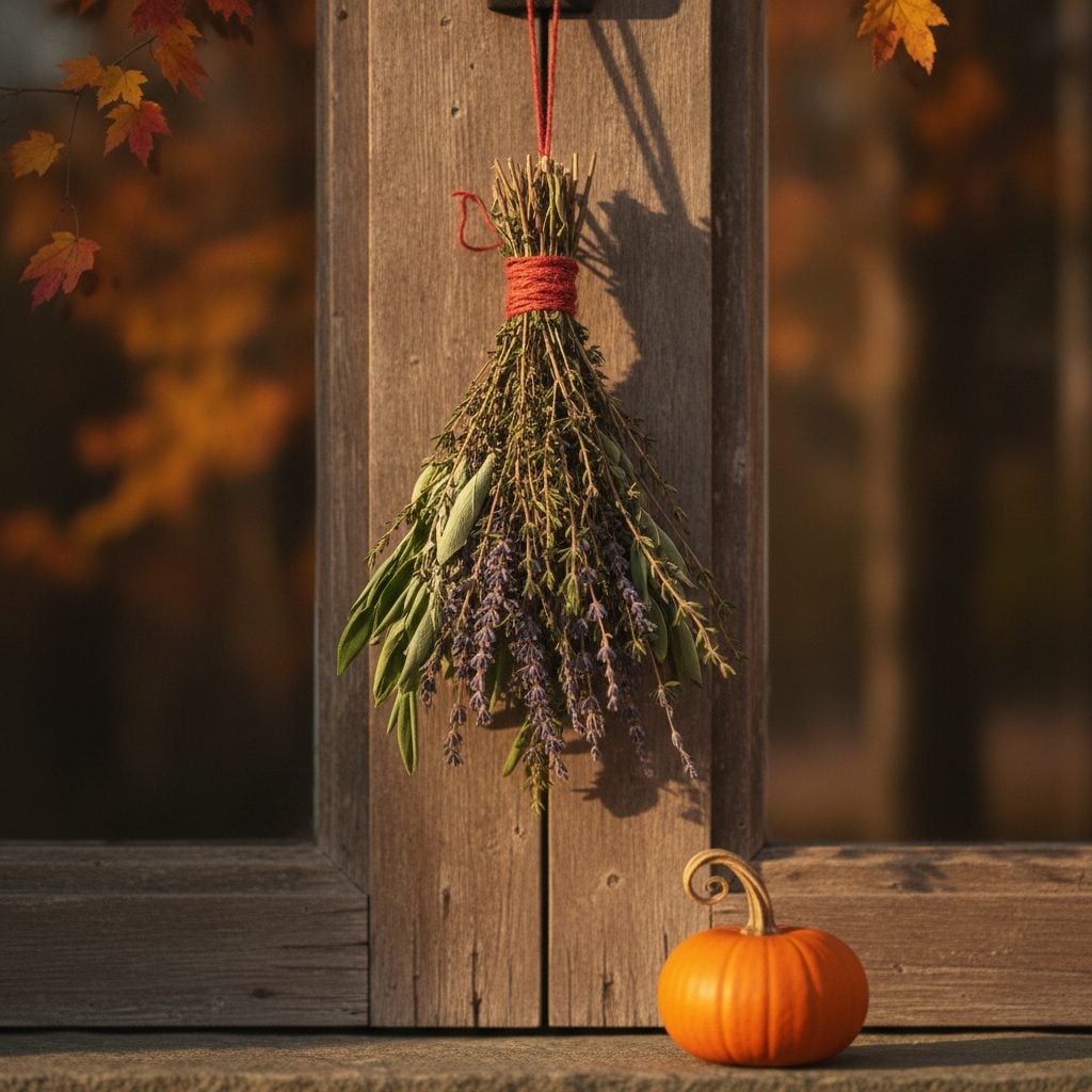 Halloween protection herb bundle of dried sage, thyme, and lavender tied with red twine and hung above a rustic wooden front door on an October afternoon.