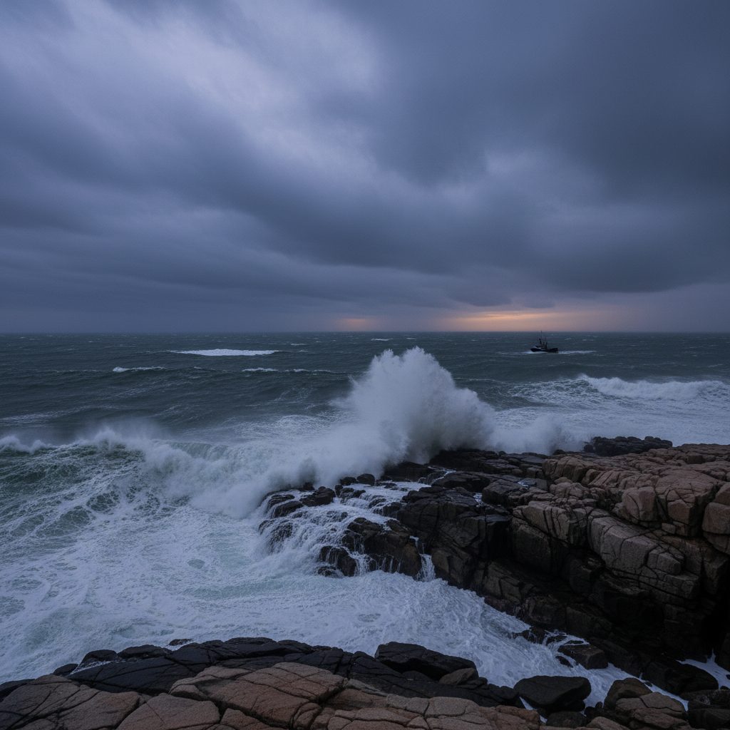 Stormy New England ocean with massive waves at dusk, illustrating the 1991 Perfect Storm and other Halloween weather events.