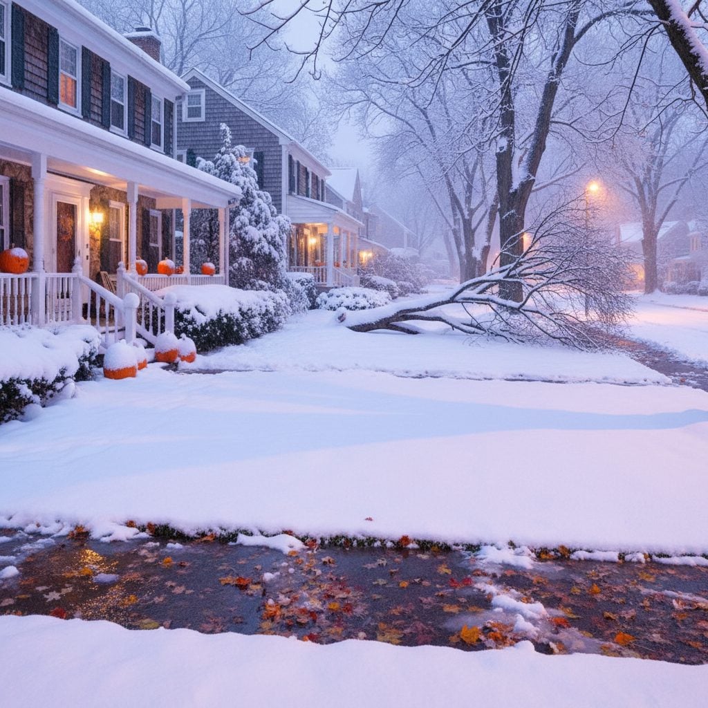 Connecticut suburban street on Halloween night under wet snow with snow-covered pumpkins, evoking the 2011 Halloween Nor'easter and other Halloween weather events.
