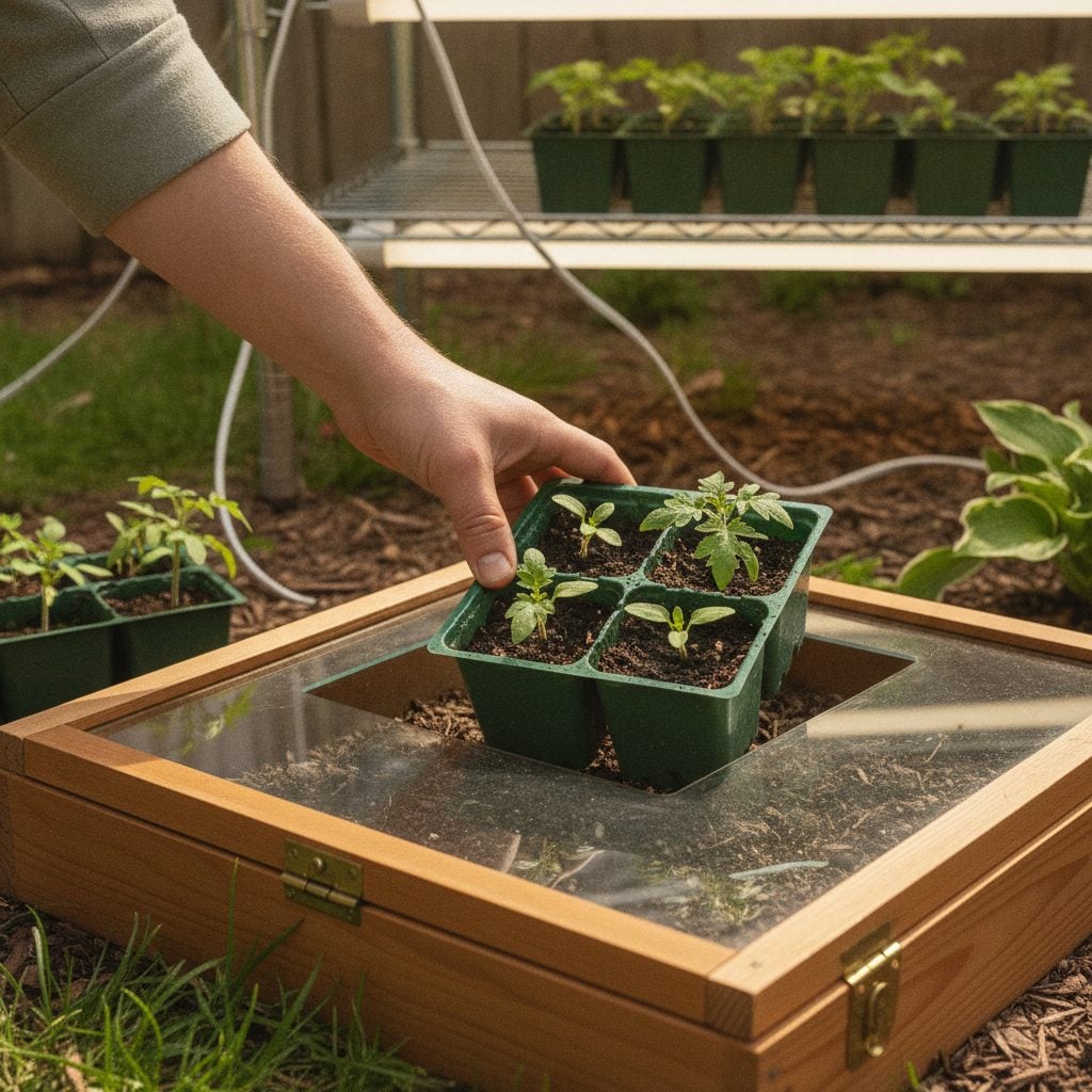 Tomato seedlings in plastic 4-cell trays being moved from a grow-light shelf to a sheltered outdoor cold frame for hardening off.