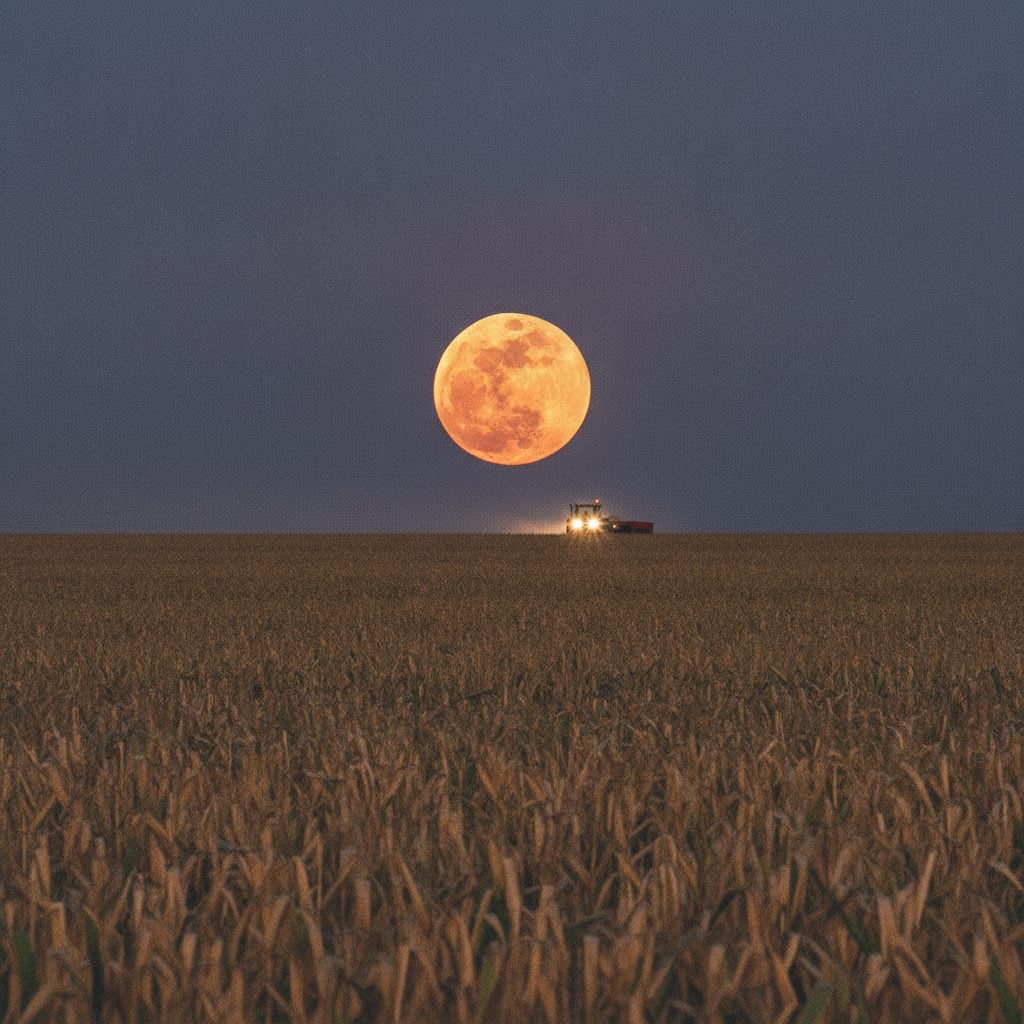 Full Harvest Moon rising over a September North American landscape, the traditional name for the September full moon in folklore.