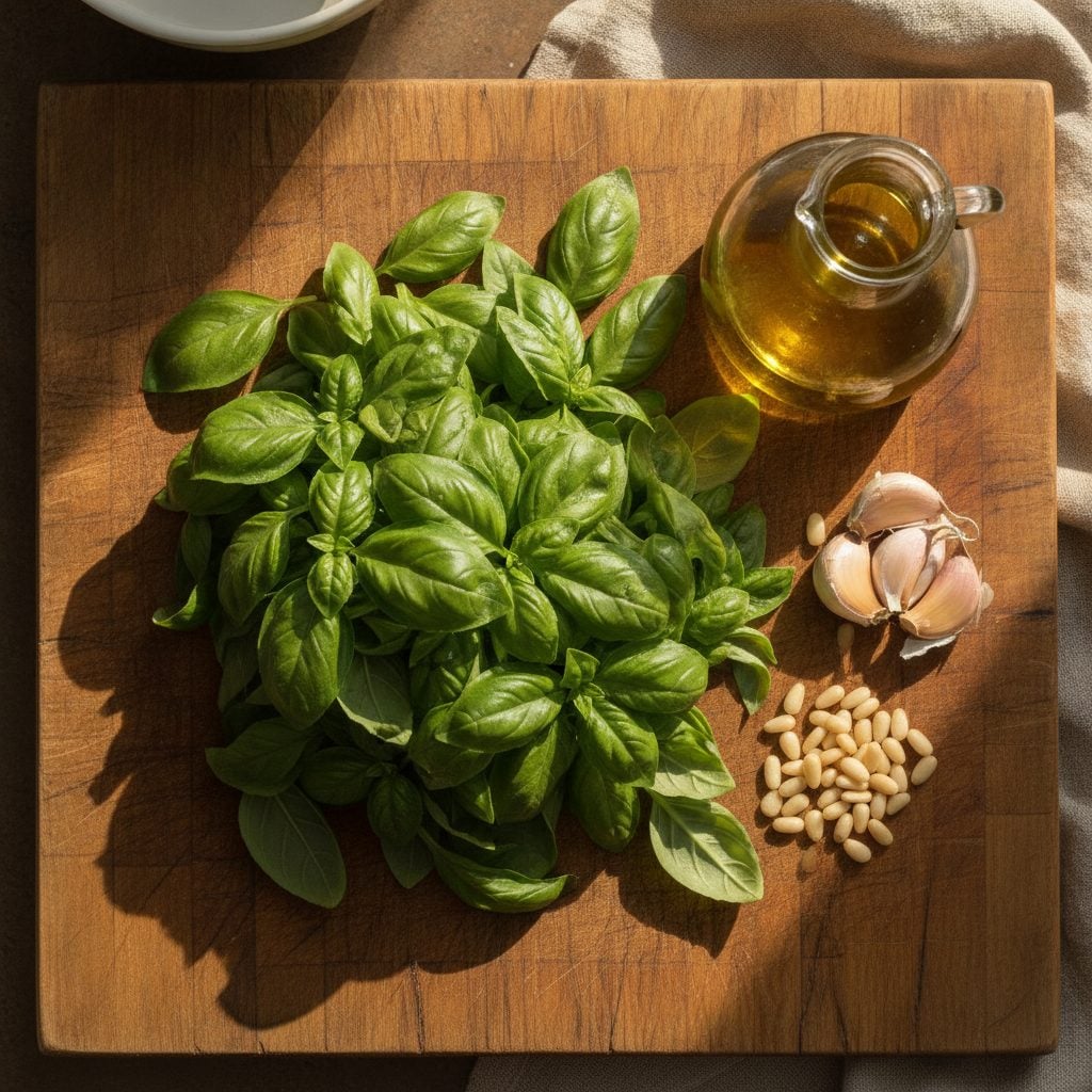 Freshly harvested basil leaves on a wooden cutting board beside olive oil, garlic, and pine nuts ready for pesto in warm afternoon kitchen light.
