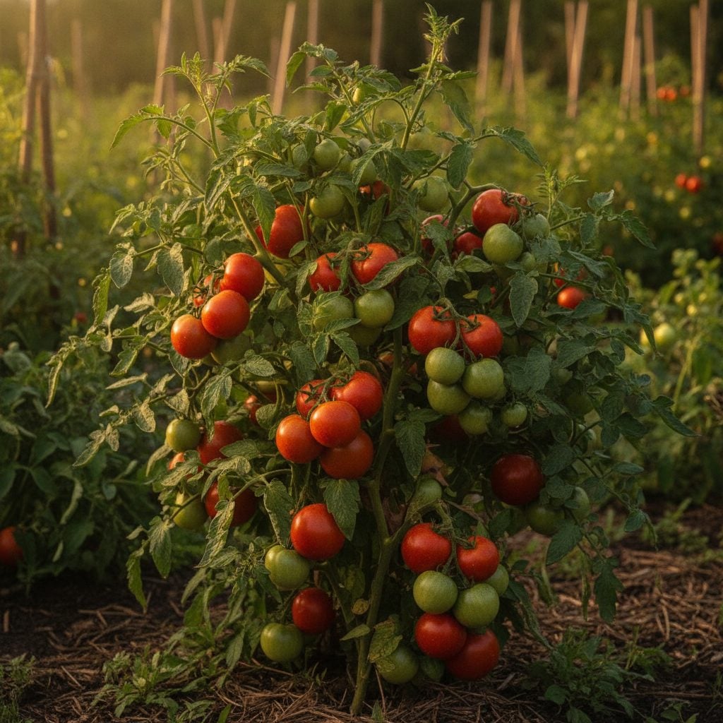 Thriving healthy tomato plant heavy with ripe red and green fruits in a sunny vegetable garden in late summer afternoon light.