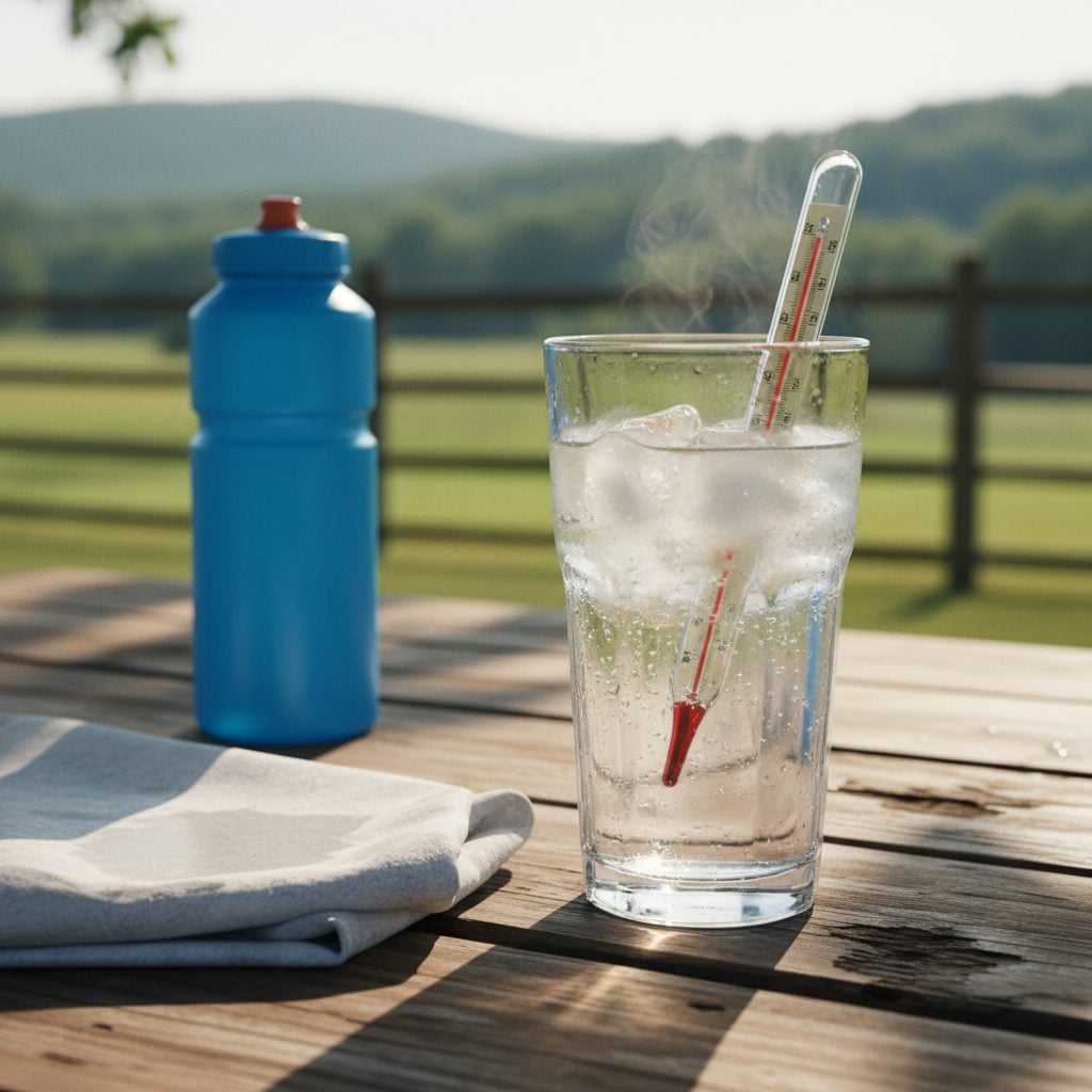 Thermometer, ice water, sports drink, and cool cloth on a picnic table illustrating first-response for heat exhaustion and heat stroke.