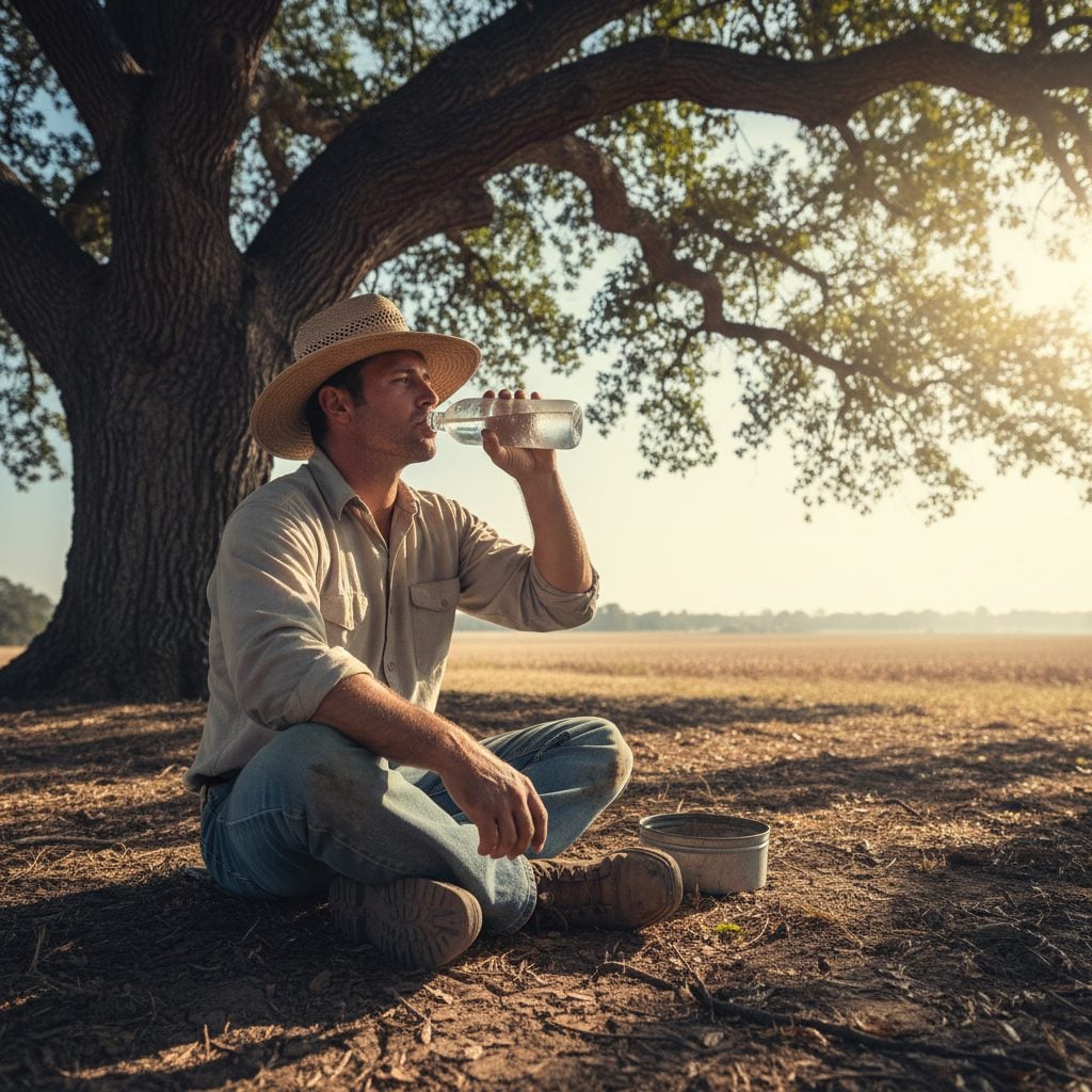 Outdoor worker resting in shade and drinking water to prevent heat exhaustion and heat stroke during a triple-digit heat wave.