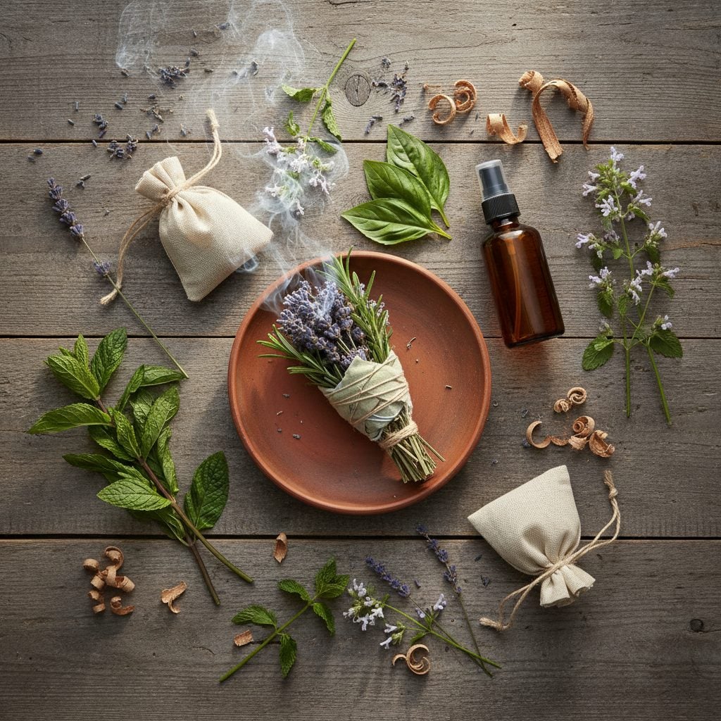 Flat-lay of herbal insect repellents on a farmhouse table: lavender sachets, a rosemary smudge bundle, fresh basil and peppermint sprigs, and a small amber spray bottle.