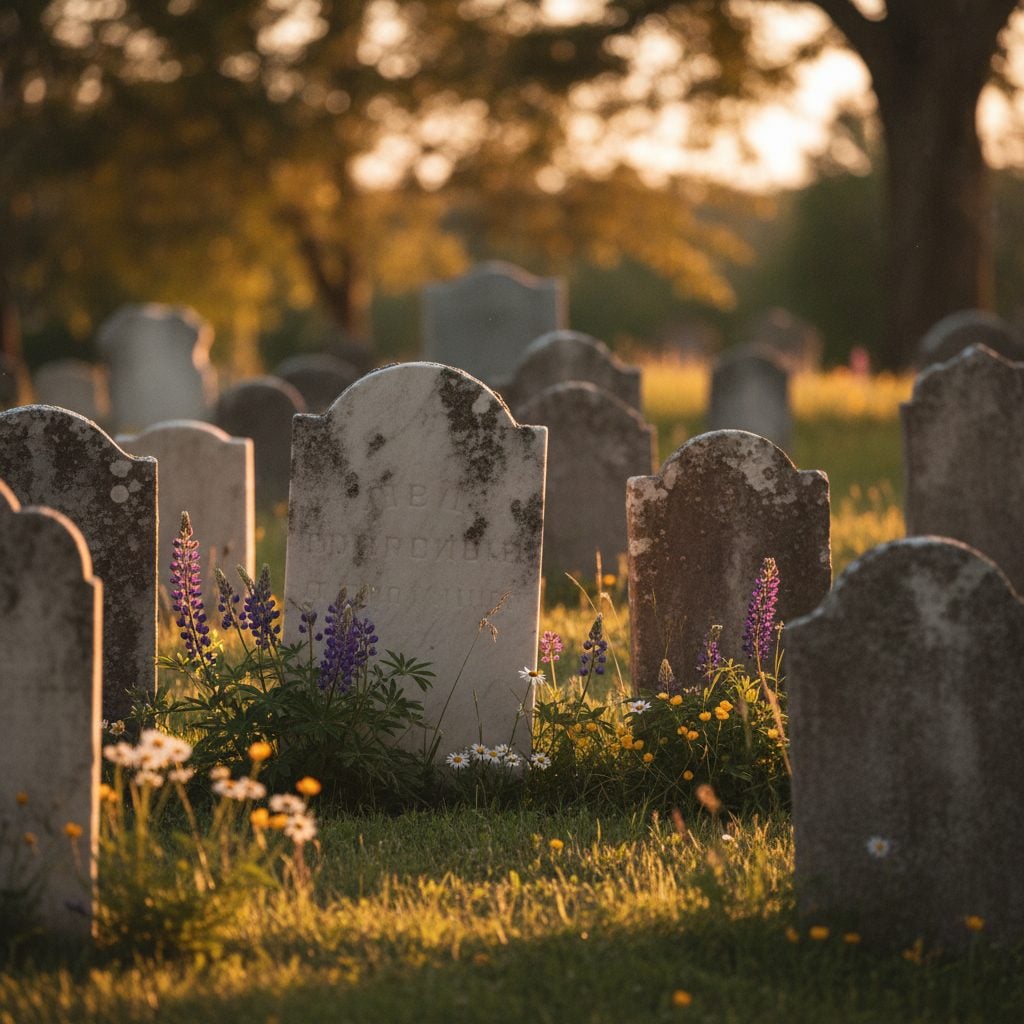 Peaceful old New England cemetery with historic marble gravestones at golden hour with wildflowers blooming around the bases.