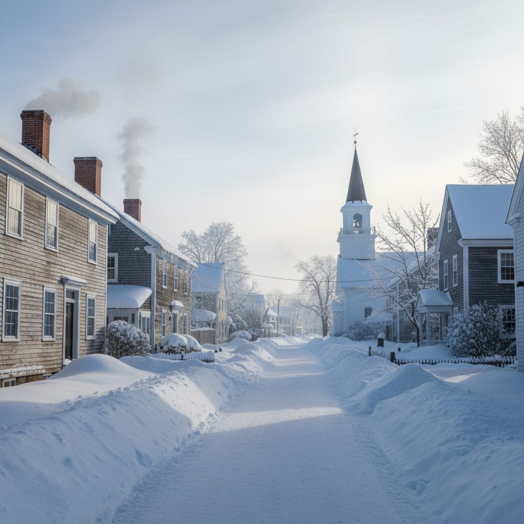 Snow-buried New England village morning after one of the historic Thanksgiving storms that have hit the U.S. since 1898.