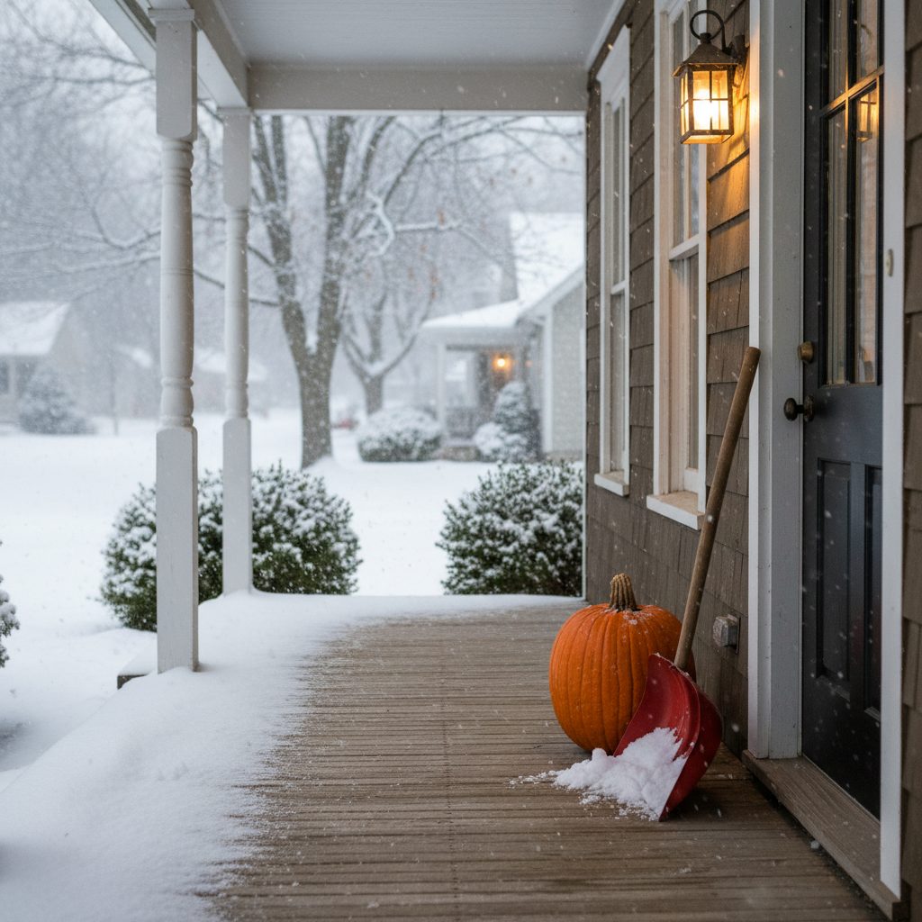 Snowed-in front porch with pumpkin and shovel, evoking a historic Thanksgiving storm aftermath.