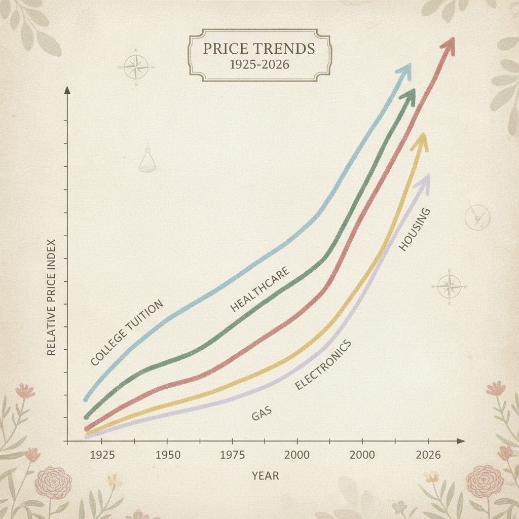 Painted chart showing historical price trends for housing, healthcare, gas, electronics, and college tuition from 1925 to 2026.