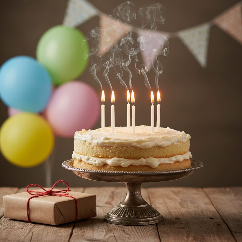 Frosted vanilla birthday cake with six lit candles on a vintage cake stand on a wooden table with a wrapped gift and colorful balloons softly blurred in the background