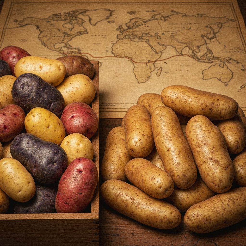 Andean heirloom potato varieties beside modern Russet Burbank potatoes showing the global potato history