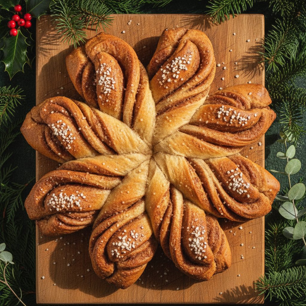 Norwegian holiday starbread shaped like a star with cinnamon filling