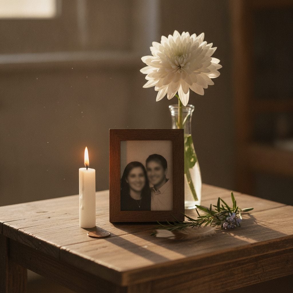 Small home memorial altar with a framed photo, lit candle, found penny, feather, sprig of rosemary, and white chrysanthemum on a wooden side table.
