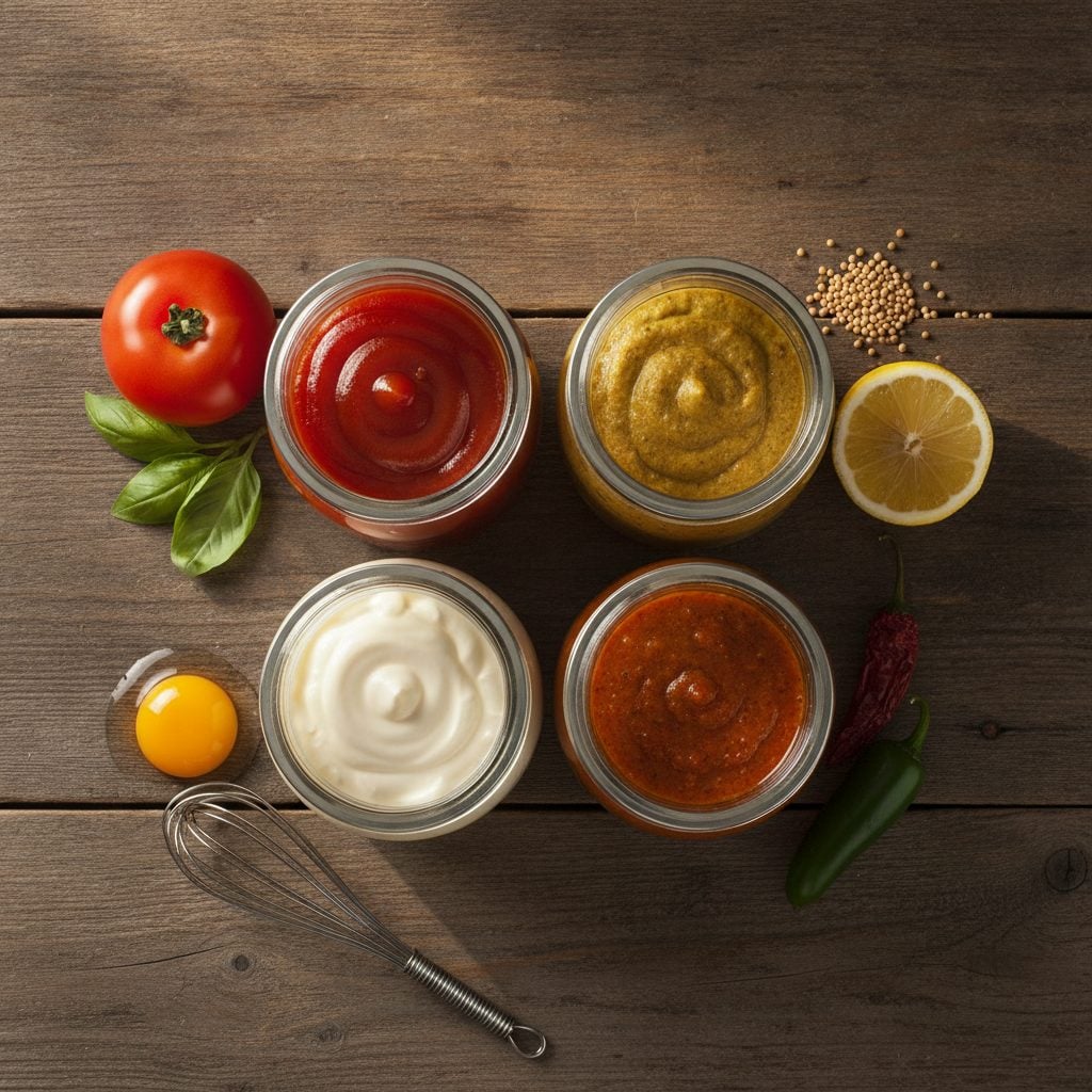 Four jars of homemade condiments: ketchup, yellow mustard, mayonnaise, and chipotle sauce on a wooden table