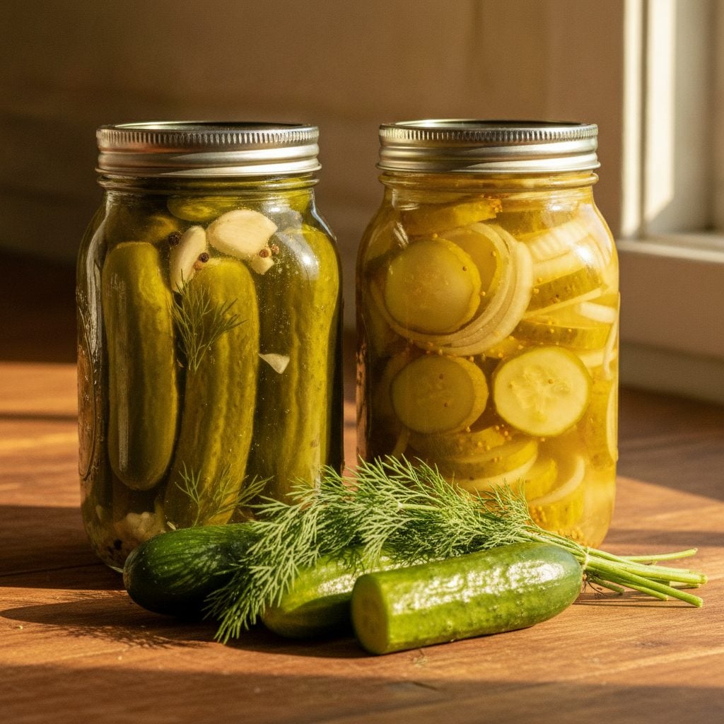 Two mason jars of homemade pickles: refrigerator dill spears and sweet bread-and-butter slices with fresh cucumbers