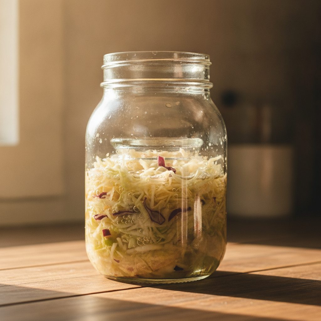 Glass mason jar of homemade fermenting sauerkraut on a wooden counter with cloudy brine visible in afternoon light.