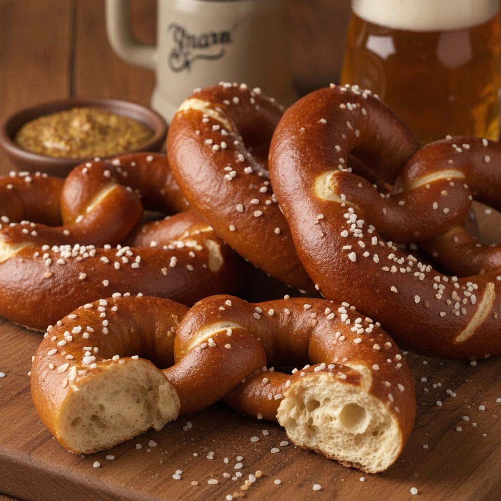 Four golden mahogany soft pretzels with coarse salt on a wooden board with mustard and beer