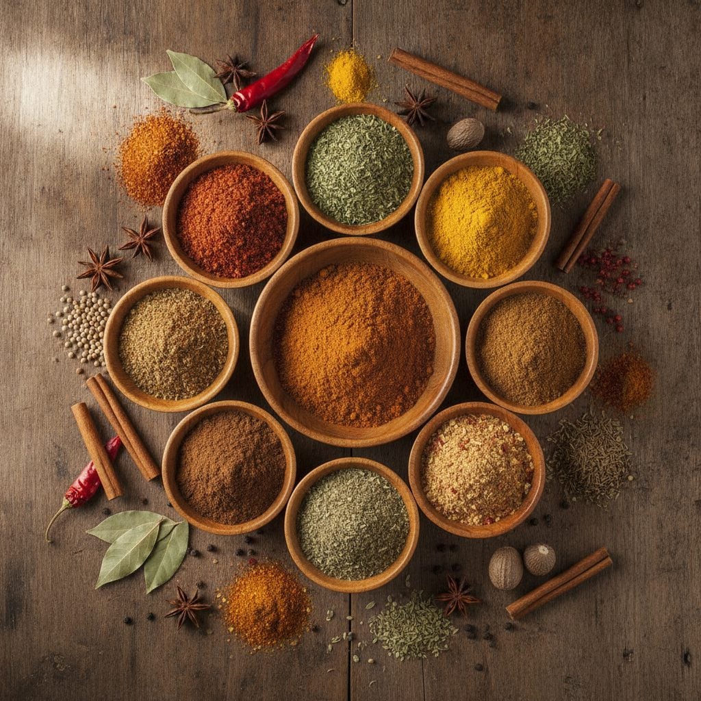 Ten wooden bowls of homemade spice blends from taco seasoning to garam masala on a wooden farmhouse table