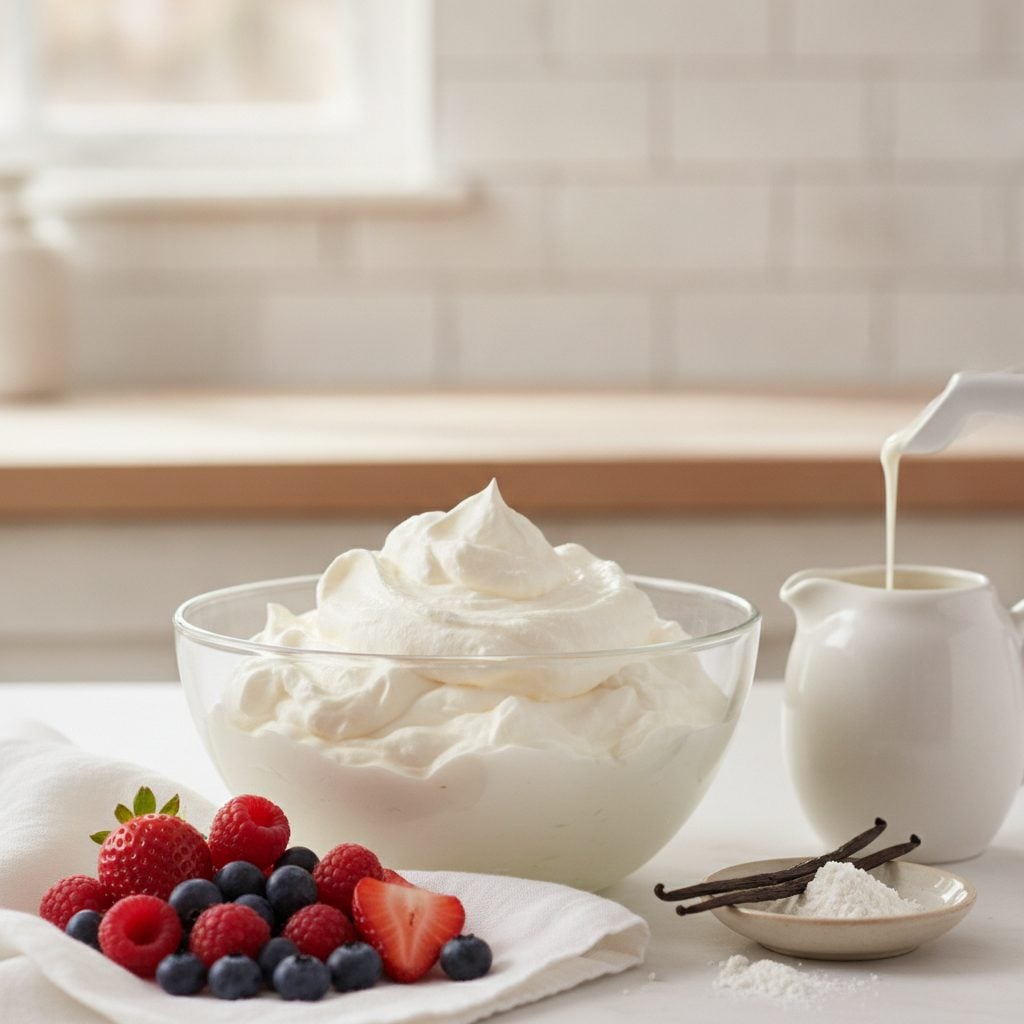 Soft peaks of homemade whipped cream in a glass bowl