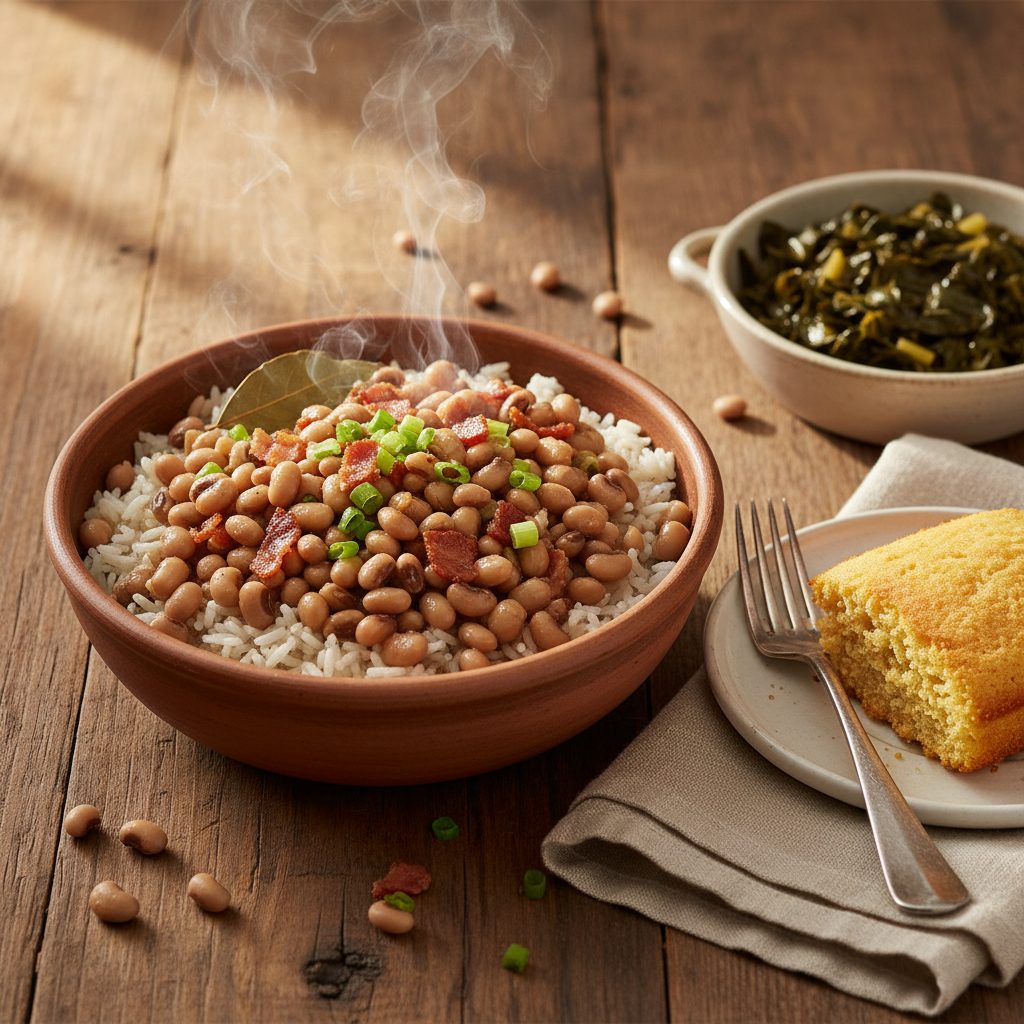 Bowl of Southern Hoppin' John with black-eyed peas over rice, cornbread, collard greens, and bacon on a wooden farmhouse table