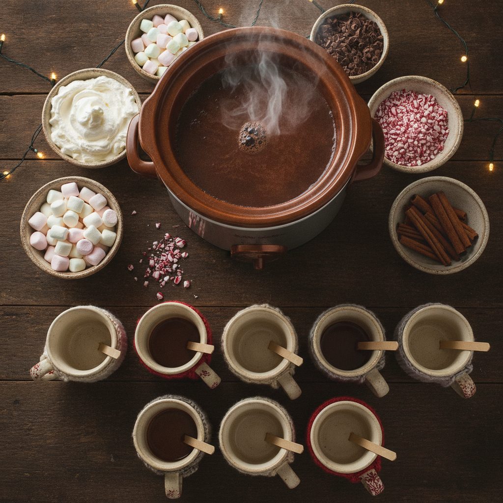 Hot chocolate bar with slow cooker, mugs, toppings, marshmallows, and candy canes for a holiday party