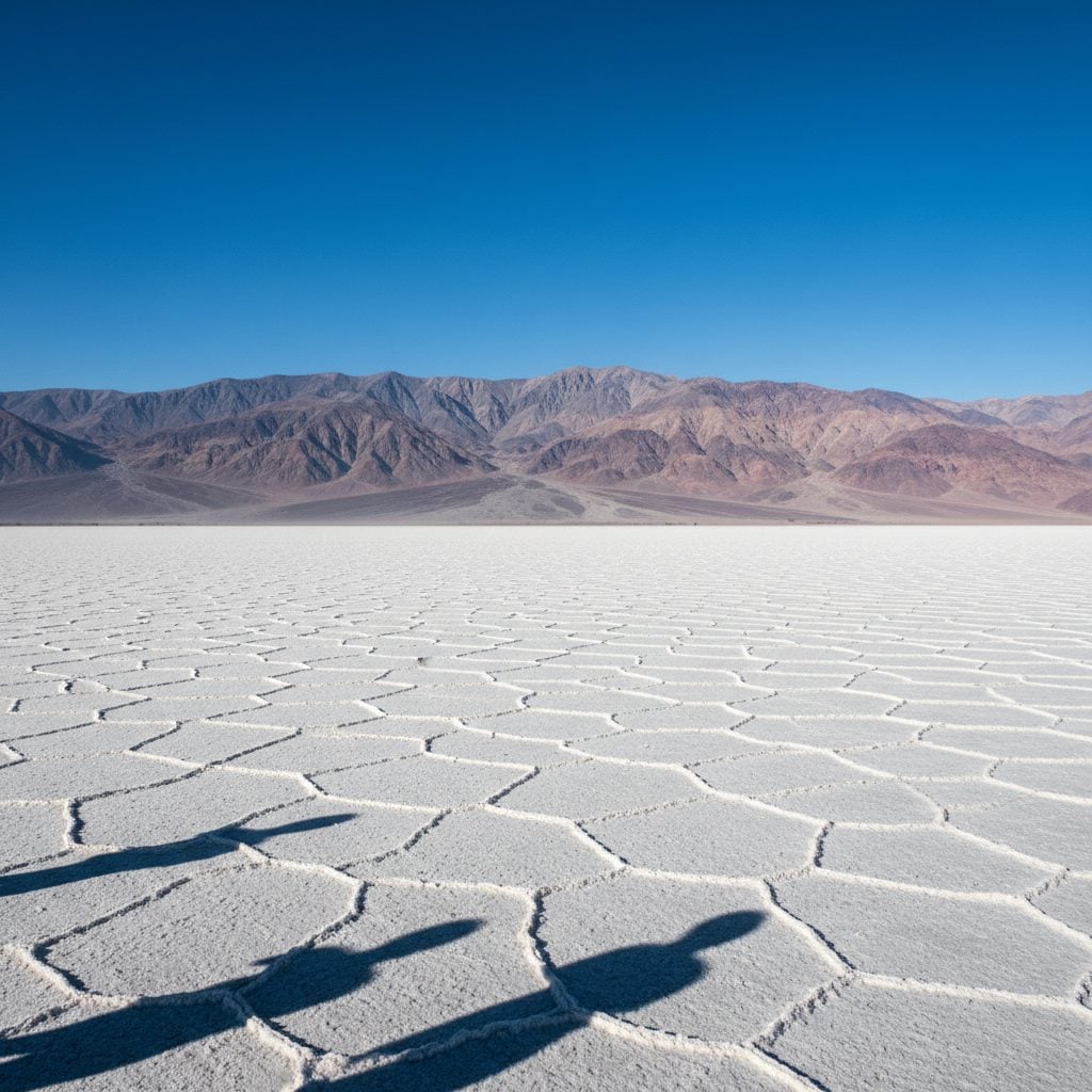 Badwater Basin salt flats stretching to the Panamint Mountains, the hottest place in North America at midday.