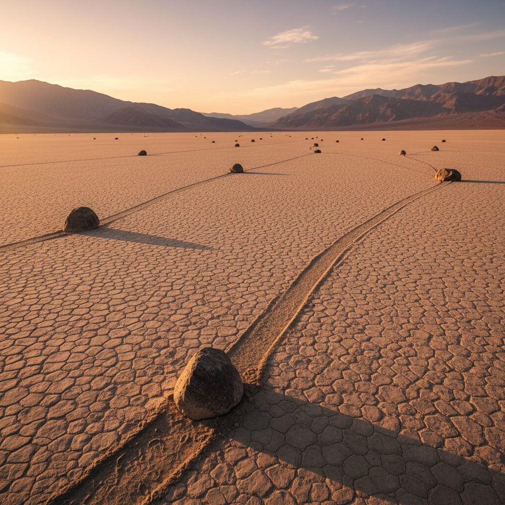 Moving boulders leaving trails across the Racetrack Playa in Death Valley, the hottest place in North America.