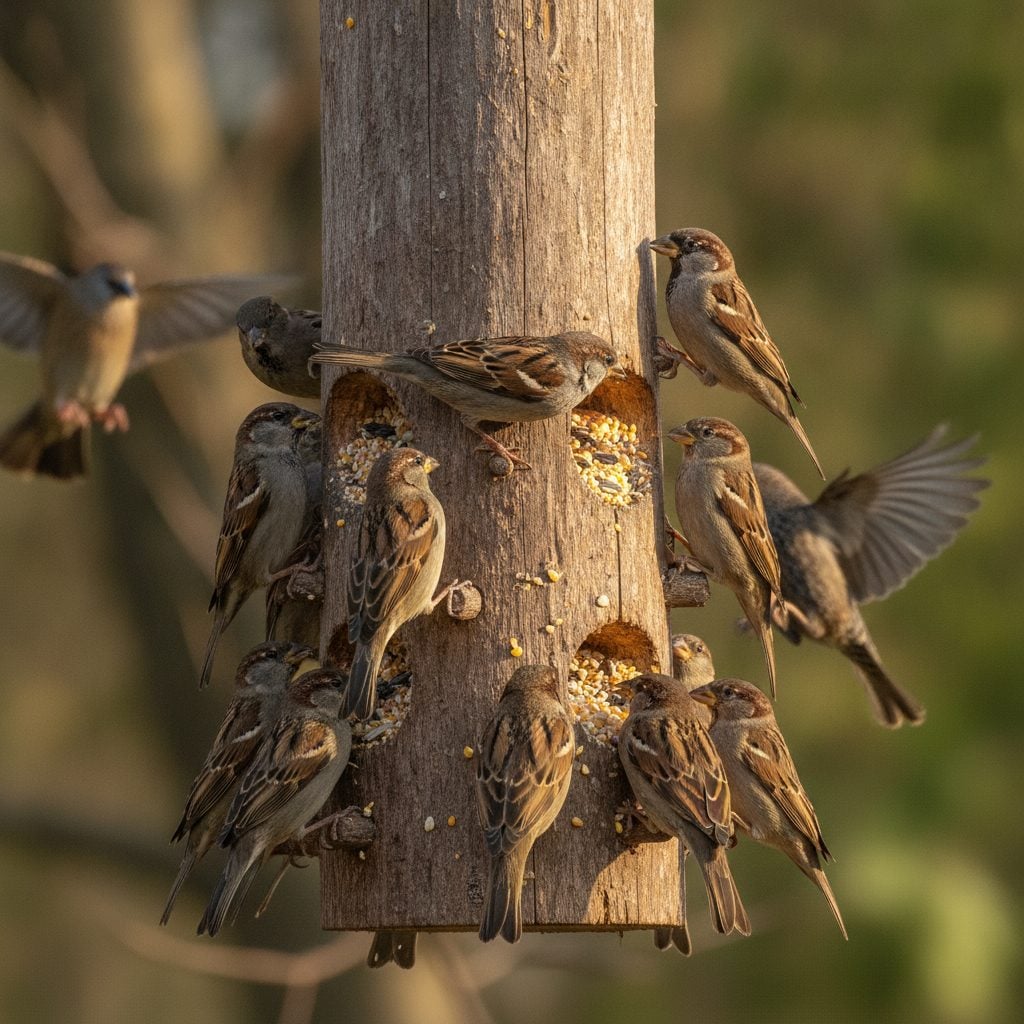 Flock of brown house sparrows crowding a wooden tube bird feeder filled with mixed seed in soft morning light.
