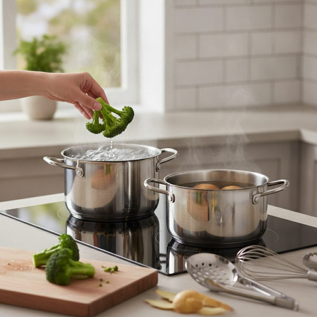Two pots showing how to boil vegetables: green broccoli in boiling water, potatoes in cold water