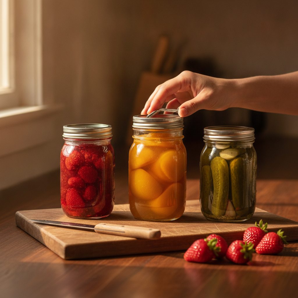 Mason jars of homemade strawberry jam, peach preserves, and pickles cooling on a farmhouse counter for water-bath canning
